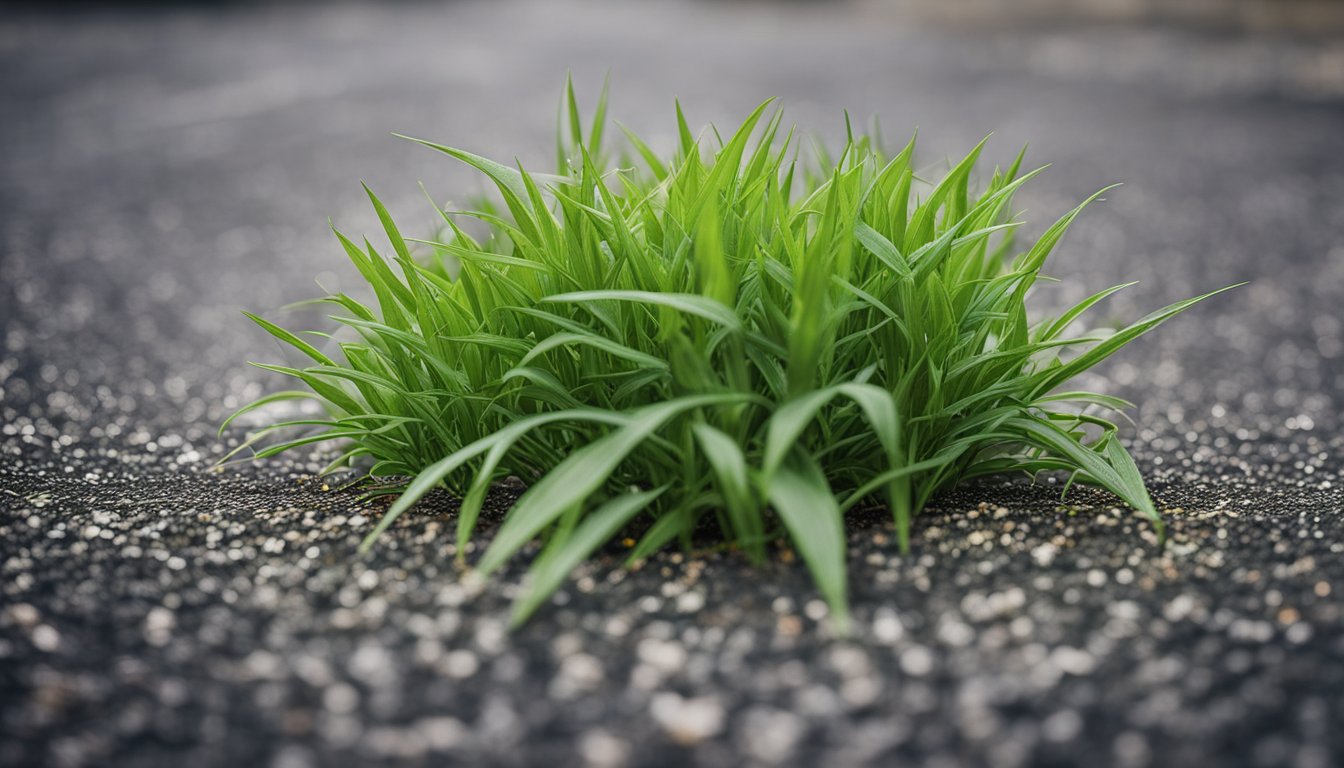 Crabgrass bursts through pavement, vibrant green against grey