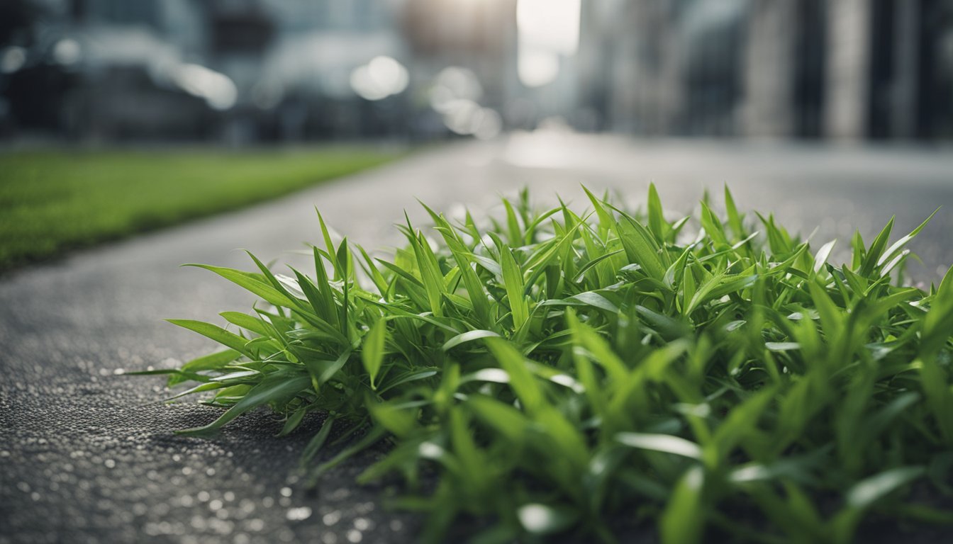 Crabgrass bursts through pavement, resilient against grey backdrop