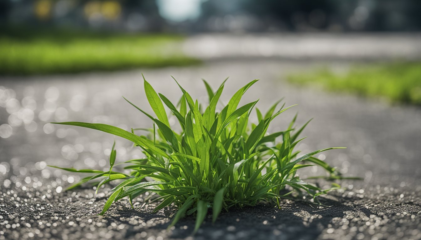 Crabgrass thrives in pavement cracks, vibrant green against the grey