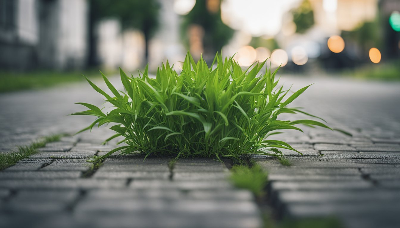 Crabgrass bursts through pavement, vibrant green against grey