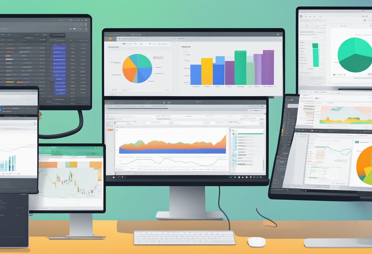 A computer screen split into two sections, one showing a demo account and the other a live account on trading platforms and tools