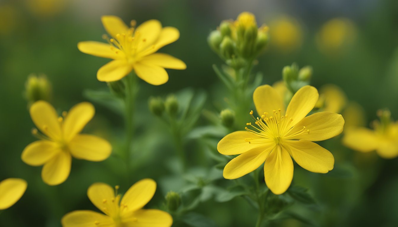 Bright yellow Saint John’s Wort flowers in full bloom, with delicate structure, captured in a detailed macro shot