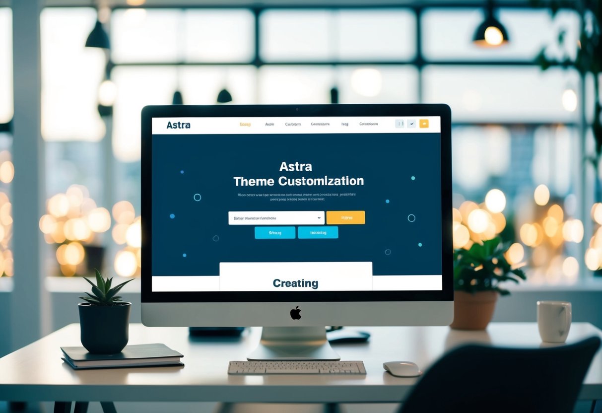 Uma tela de computador exibe a interface de personalização do tema Astra, com várias opções e configurações para criar um blog.