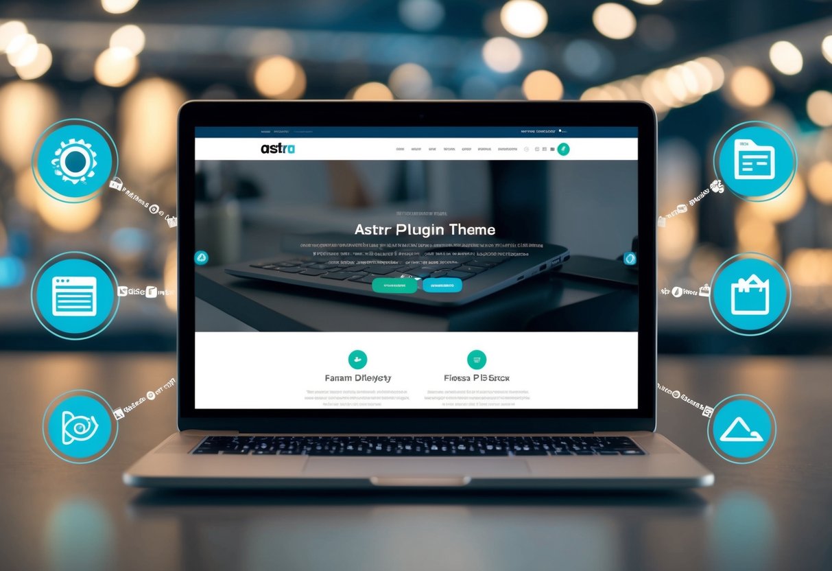 Uma tela de laptop exibe o site do tema Astra, cercada por vários ícones de plugins e ferramentas.