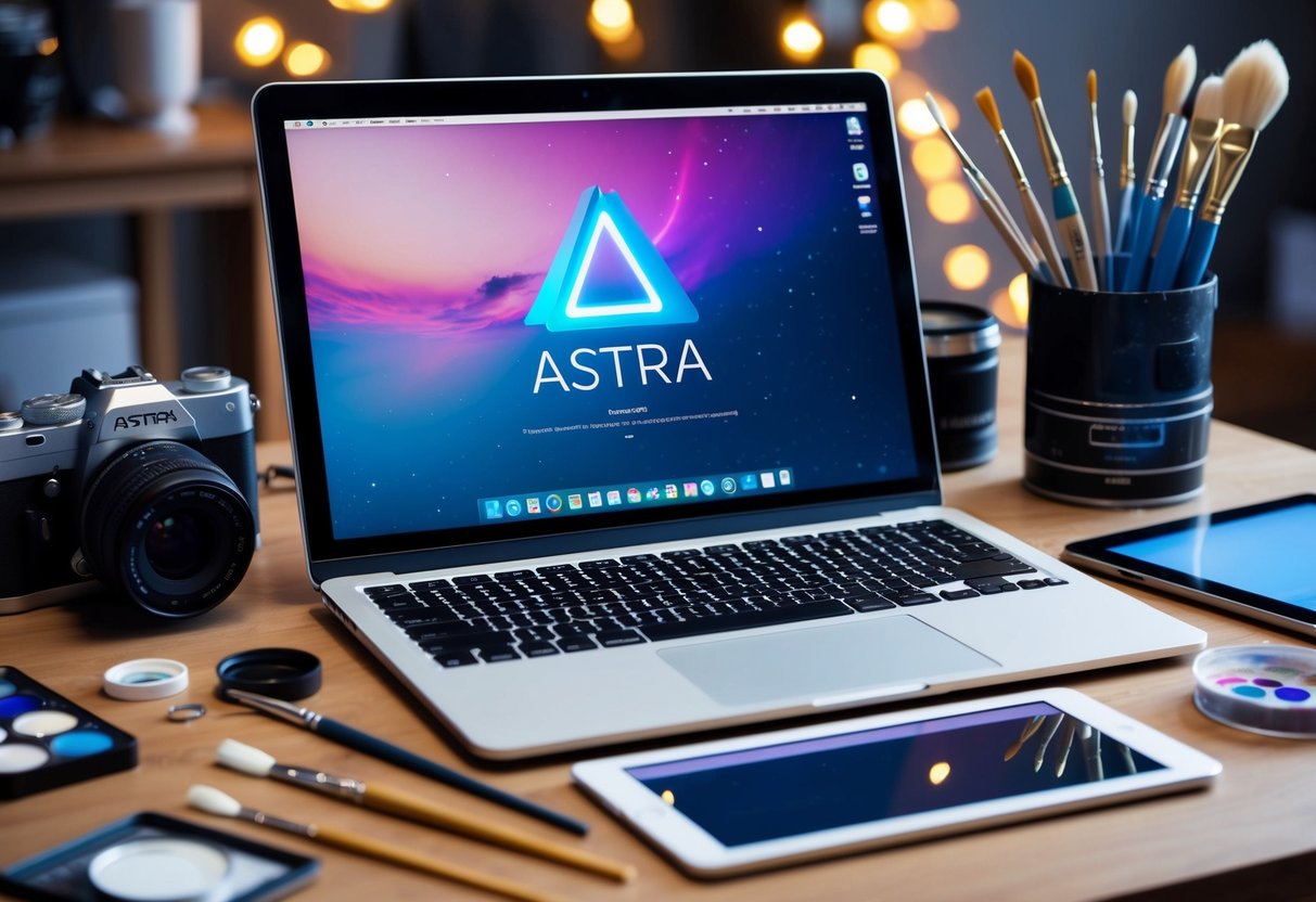 Um laptop com o tema Astra aberto na tela, cercado por elementos criativos como uma câmera, pincéis e um tablet.