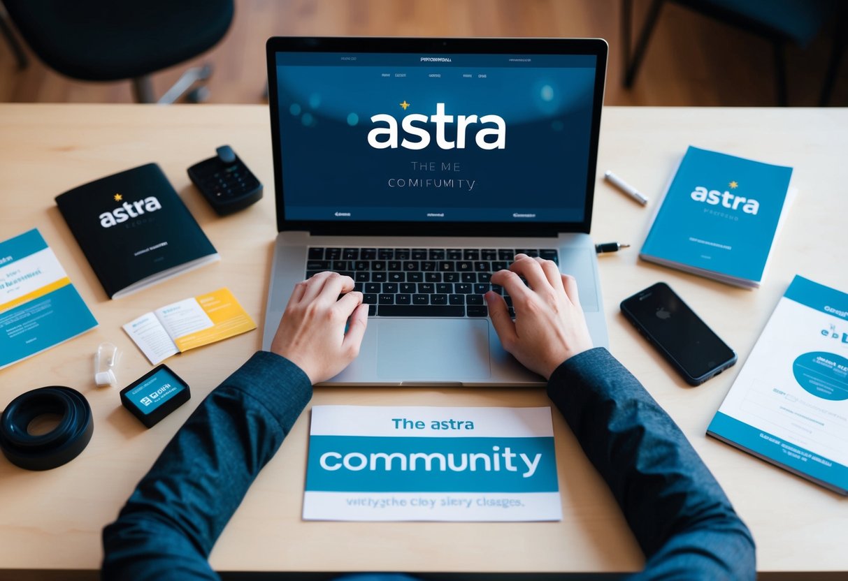 Uma pessoa sentada em uma mesa com um laptop aberto, trabalhando na criação de um blog usando o tema Astra. A pessoa está cercada por vários recursos e materiais de apoio da comunidade Astra.