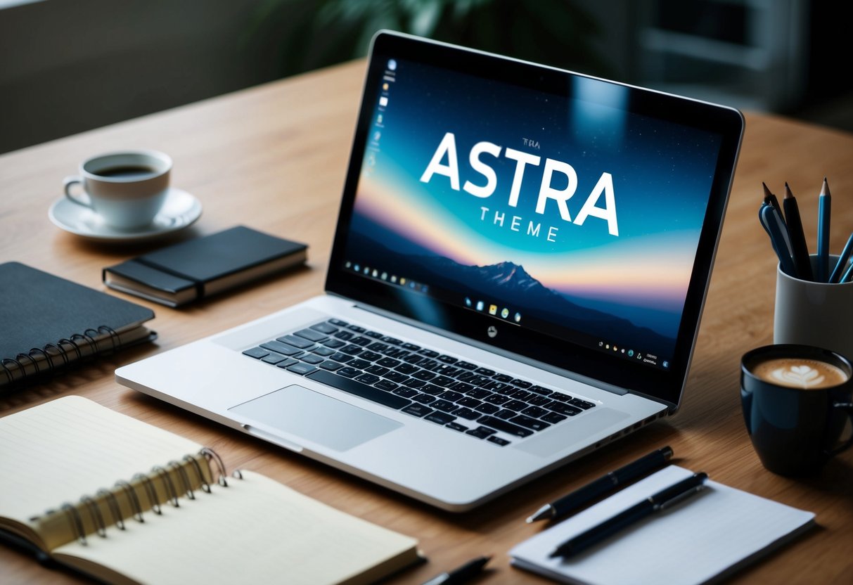 Um laptop com o tema Astra aberto na tela, cercado por cadernos, canetas e uma xícara de café