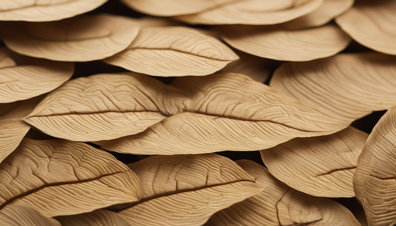 The intricate pattern of slippery elm's inner bark is captured in a close-up shot, showcasing its rich texture and natural hues