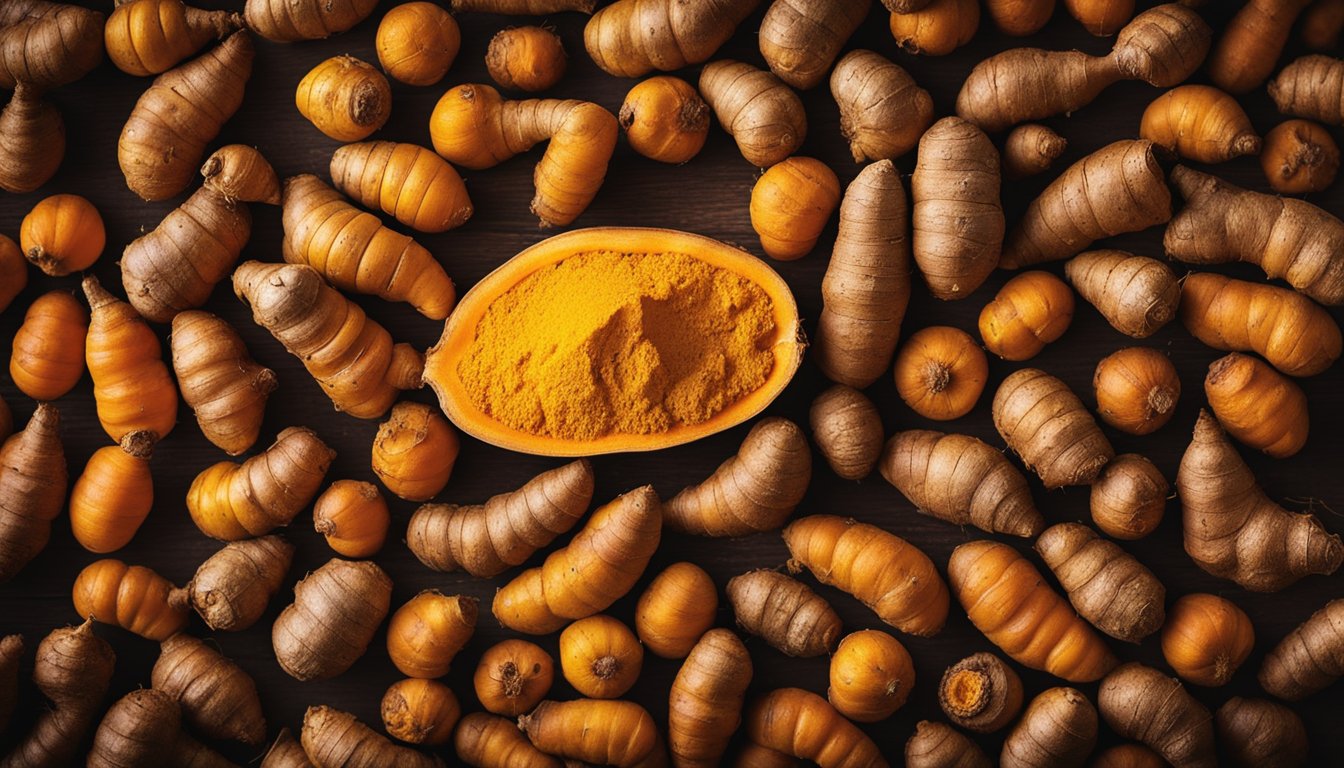 Fresh turmeric root, vibrant orange, rustic wood, detailed macro shot