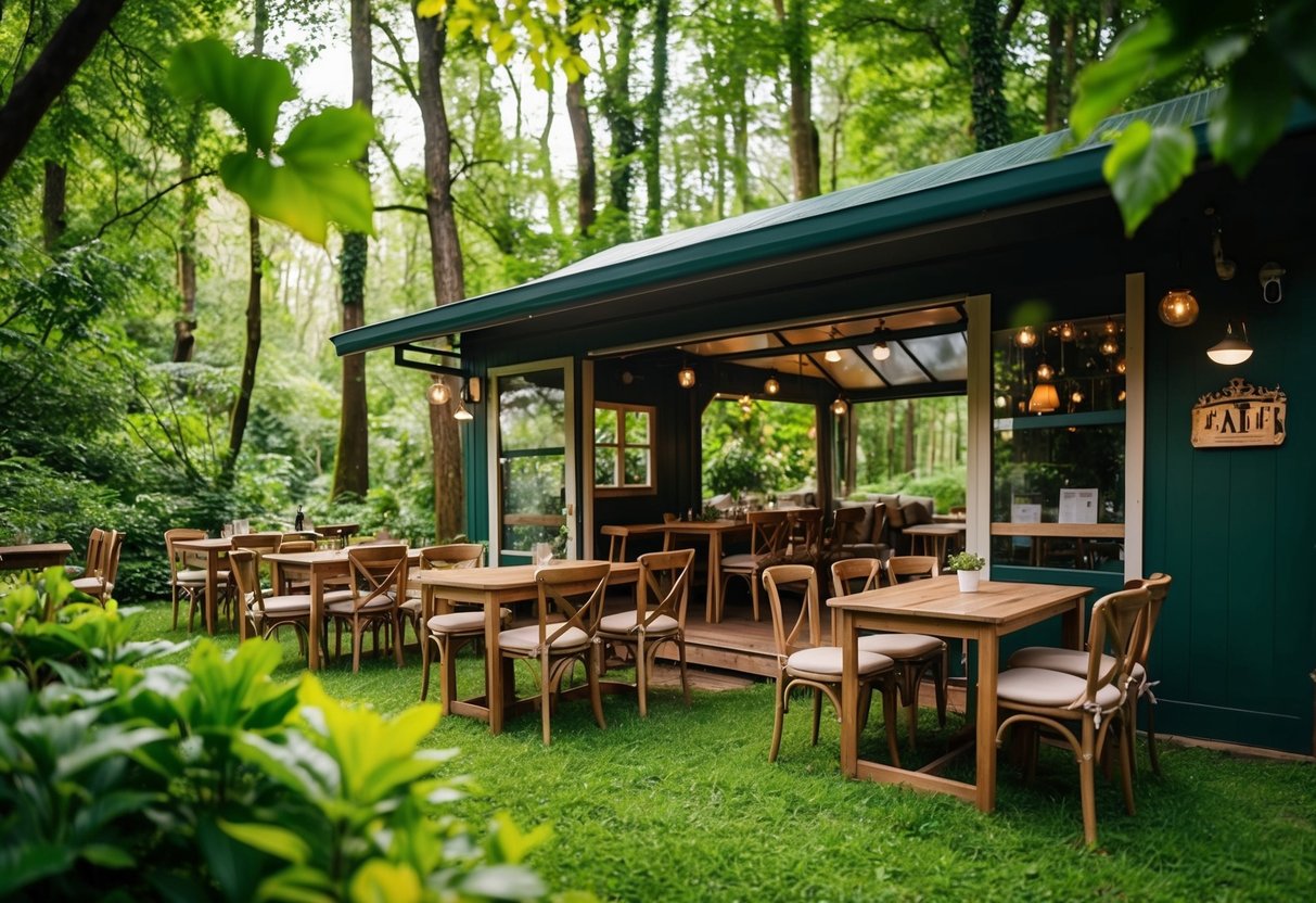 Ett mysigt utomhuscafé som ligger i en frodig grön skog, med träbord och stolar, omgiven av lugn natur och en fridfull atmosfär