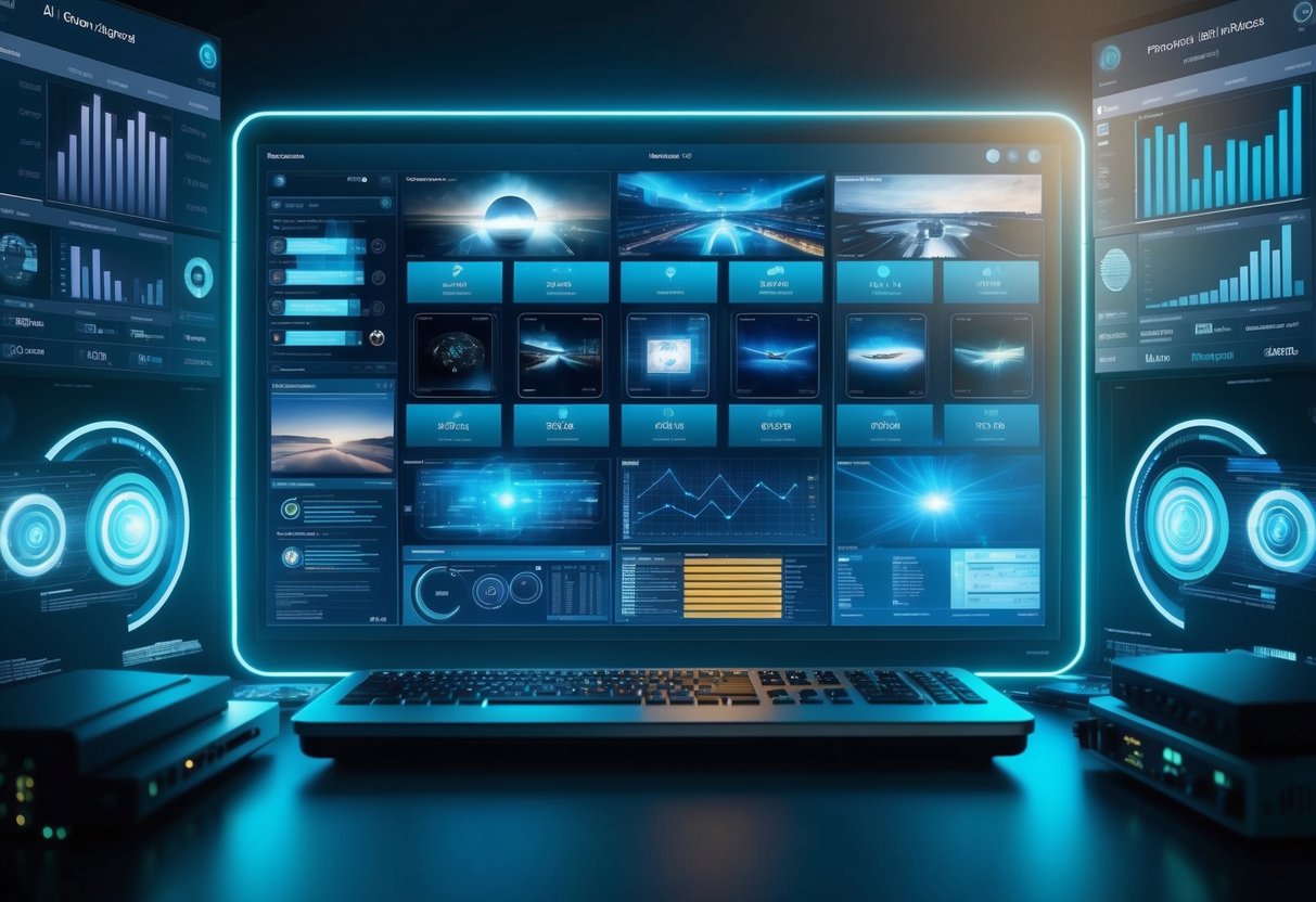 Uma interface digital futurista exibindo várias imagens geradas por IA, cercada por equipamentos tecnológicos e gráficos de dados.