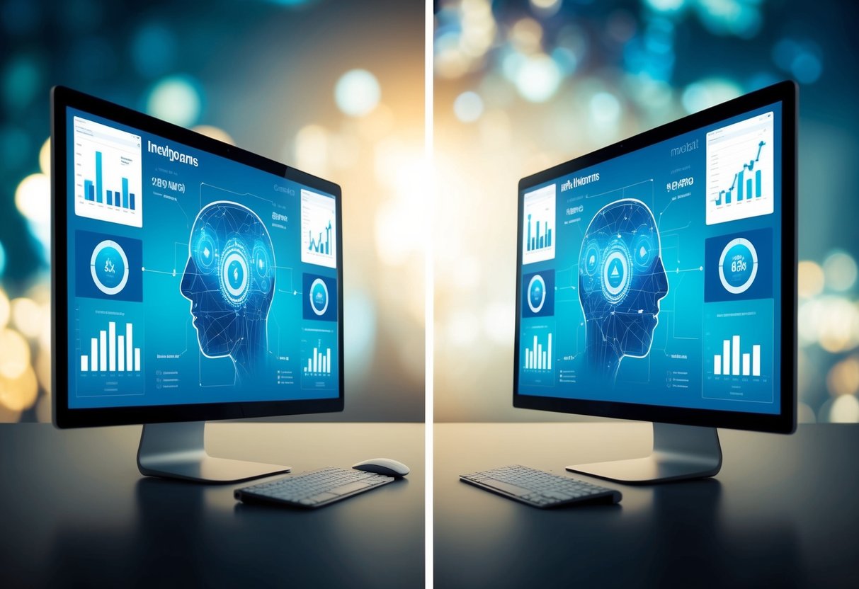 Uma comparação lado a lado de duas plataformas gerando imagens usando inteligência artificial, com dados e gráficos exibidos nas telas