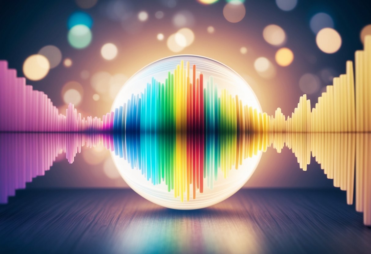 A colorful spectrum of sound waves emanating from a glowing orb, representing the diverse and dynamic tone of voice found in the blogosphere