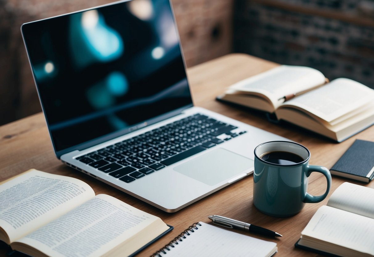 A laptop surrounded by open books and a cozy mug of coffee, with a notepad and pen nearby for brainstorming