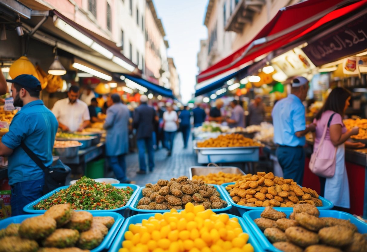 En livlig gatmarknad med färgglada stånd och den läckra doften av nyfriterad falafel som svävar i luften