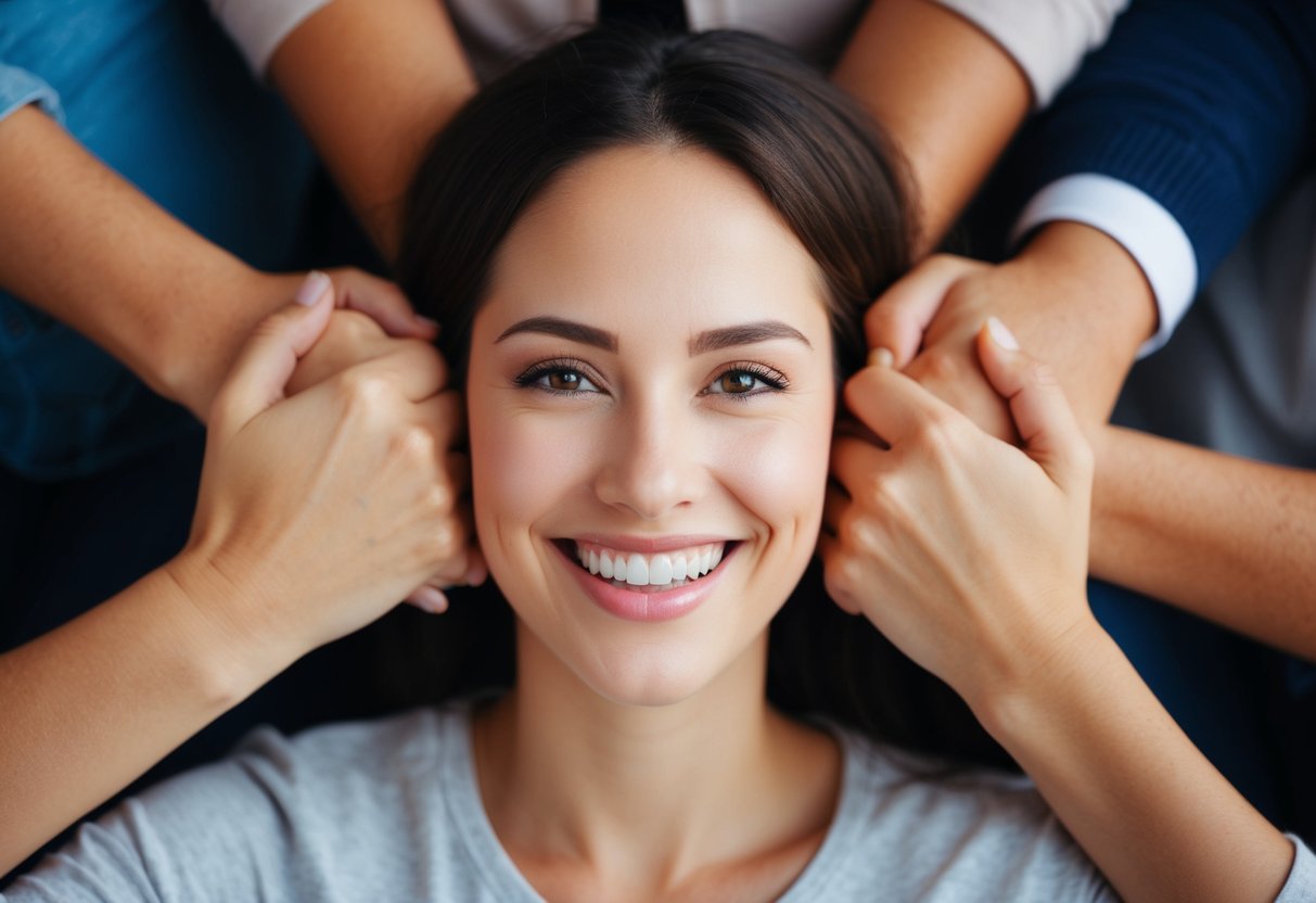 Um rosto sorridente cercado por braços acolhedores, simbolizando calor e conexão