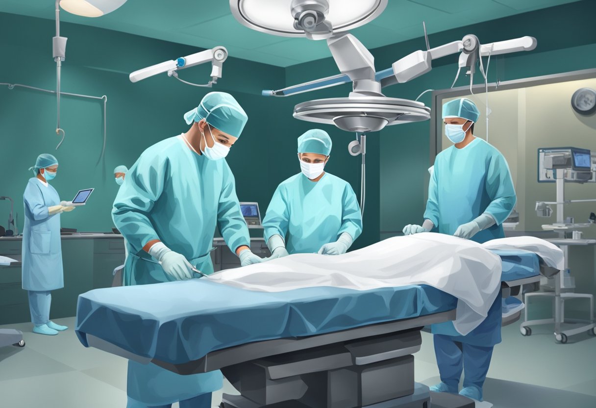 A surgeon performing lumbar disc replacement surgery in a sterile operating room with medical equipment and assistants present