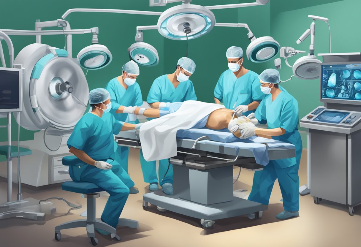 A surgeon performing lumbar disc replacement surgery in an operating room, surrounded by medical equipment and a team of medical professionals