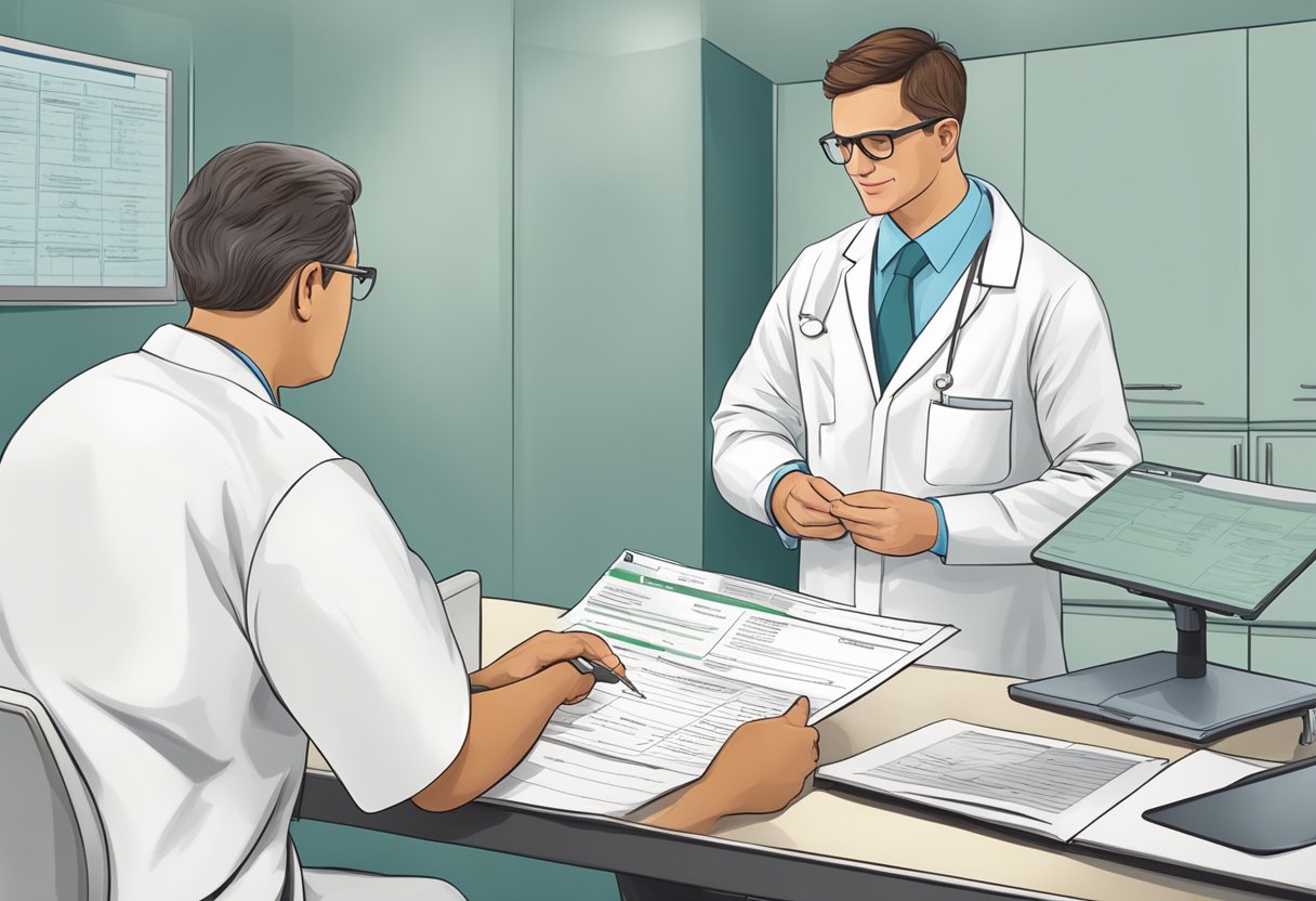 A surgeon reviewing a patient's medical records and conducting physical examinations to determine eligibility for lumbar disc replacement surgery