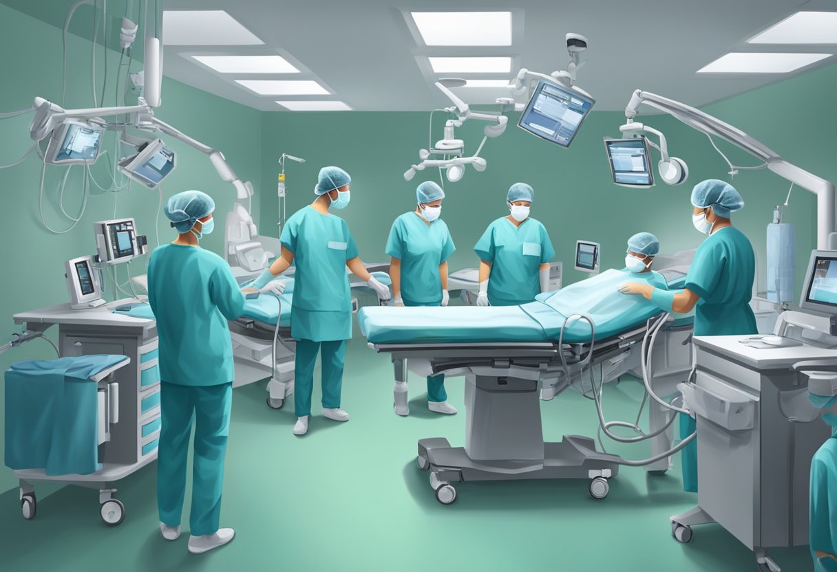 A surgical team in scrubs and masks prepares an operating room with medical equipment and monitors for lumbar disc replacement surgery