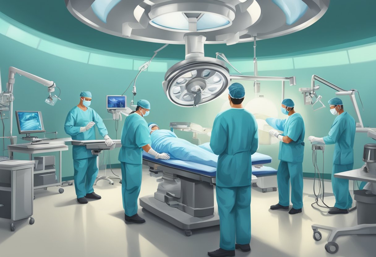 A surgeon performing lumbar disc replacement surgery in an operating room, surrounded by medical equipment and a team of assisting professionals