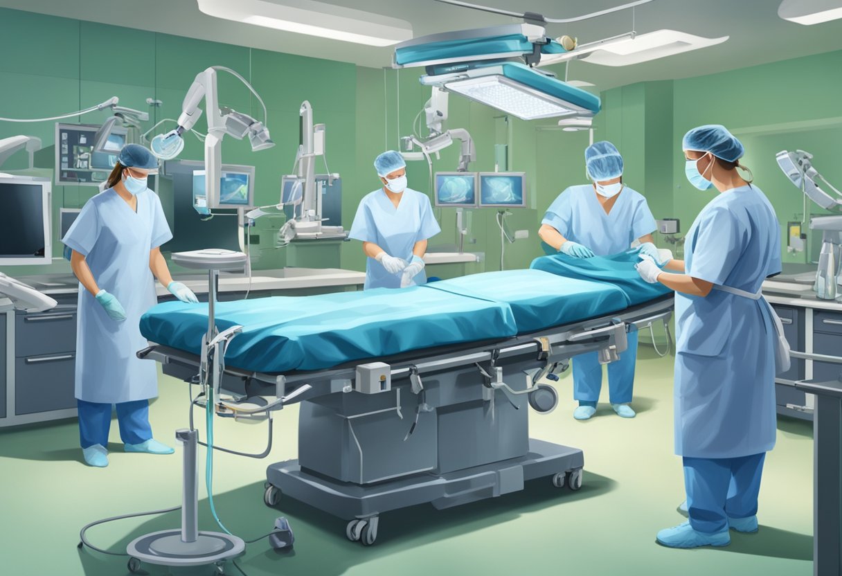 A surgeon performing lumbar disc replacement surgery in a sterile operating room, surrounded by medical equipment and a team of attentive nurses