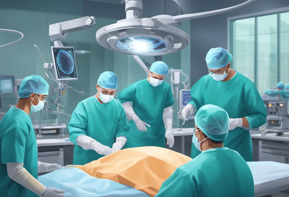 A surgeon performing lumbar disc replacement surgery in a sterile operating room, surrounded by medical equipment and a team of focused professionals