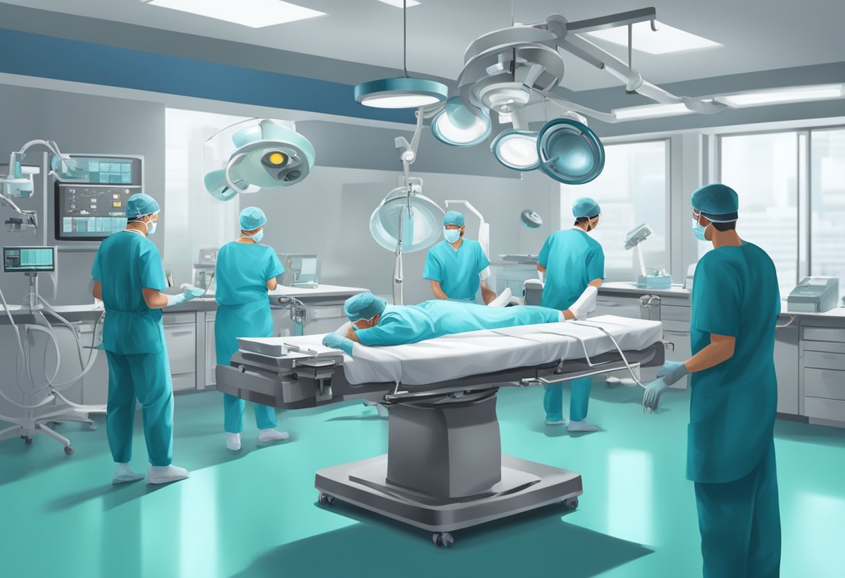 A surgeon performing a lumbar disc replacement surgery in an operating room, with medical equipment and staff present