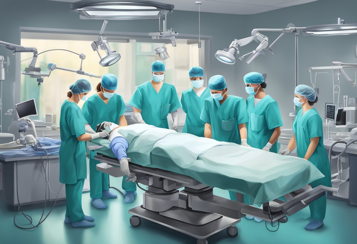 A surgeon performing lumbar disc replacement surgery on a patient lying on an operating table, surrounded by medical equipment and a team of surgical staff