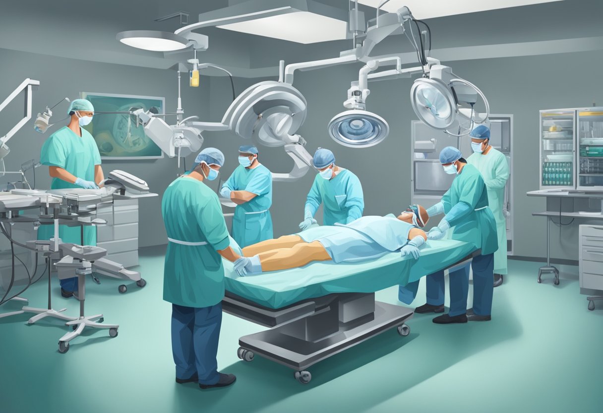 A surgeon performing lumbar disc replacement surgery in a sterile operating room, surrounded by medical equipment and a team of assisting professionals