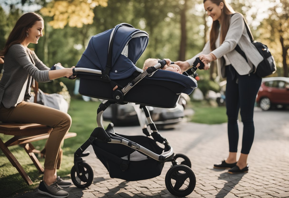 Tėvas pritvirtina automobilinę kėdutę su kūdikiu viduje, kol pakrauna vystyklų krepšį ir vežimėlį kelionei.