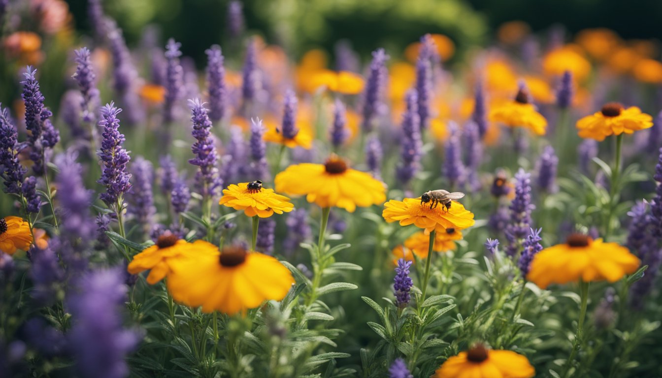 The garden bed bursts with vibrant blooms and lush foliage of lavender, rosemary, marigold, citronella, bee balm, and mint, creating a beautiful and fragrant display