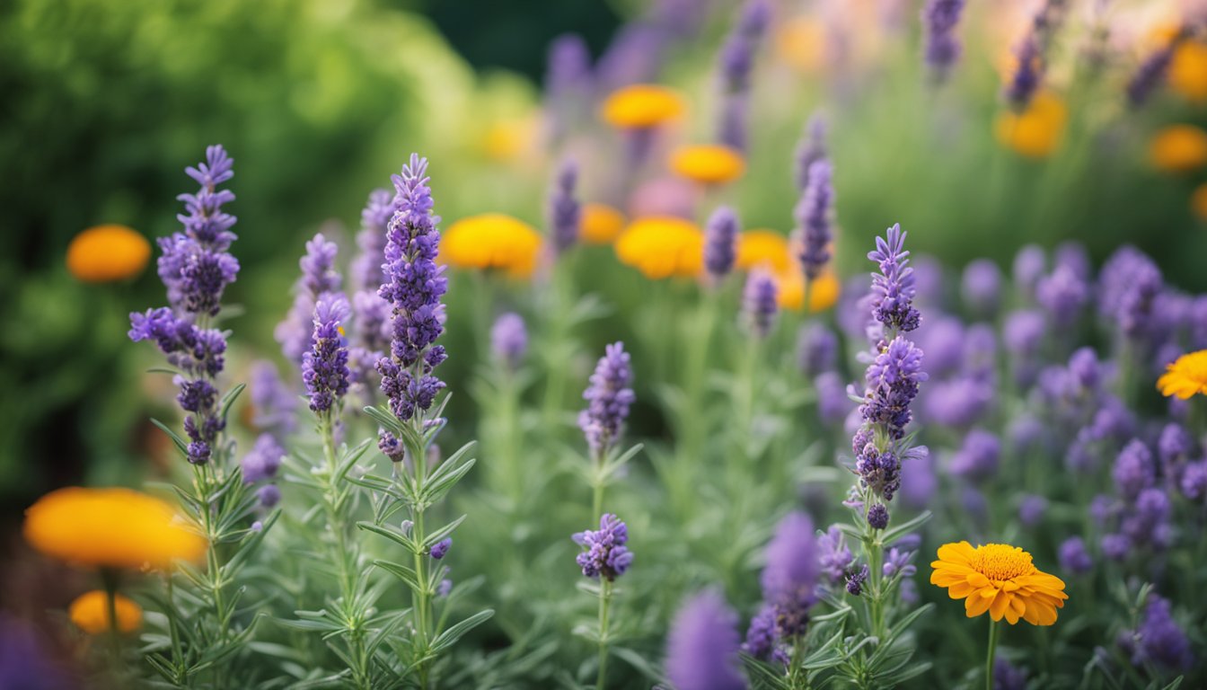 The garden bed bursts with vibrant blooms of lavender, rosemary, marigold, citronella, bee balm, and mint, their lush growth creating a beautiful and fragrant display