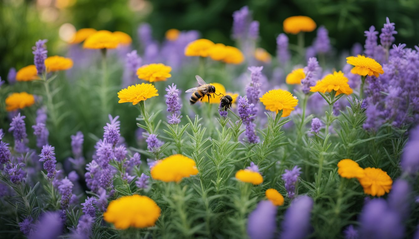 A garden bed overflowing with vibrant lavender, rosemary, marigold, citronella, bee balm, and mint, all in full bloom, creating a lush and fragrant display