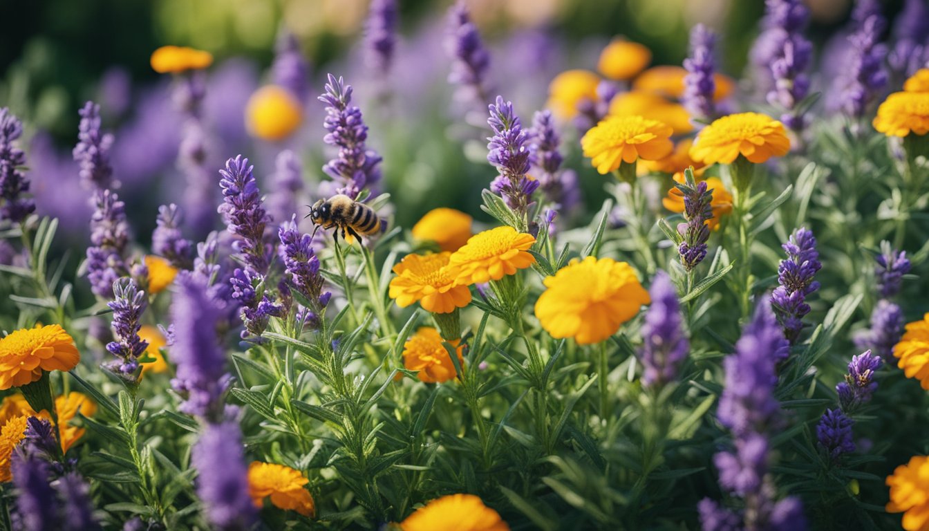 A garden bed bursting with vibrant blooms of lavender, rosemary, marigold, citronella, bee balm, and mint, creating a lush and colorful display