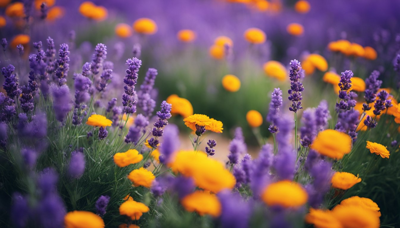 Vibrant lavender and marigold flowers in close-up, showcasing their vivid colors and delicate textures