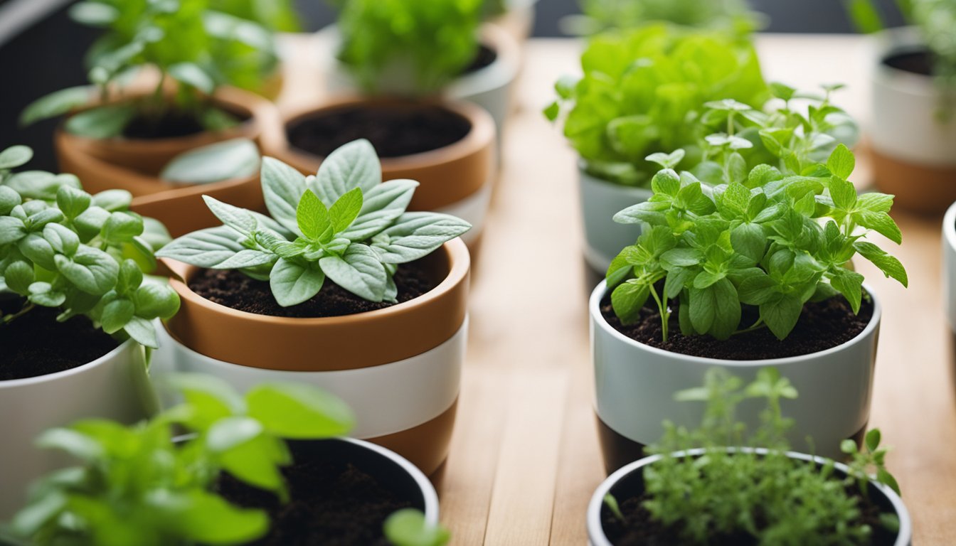 Various herb planters, including hanging pots and vertical gardens, showcase a creative indoor herb-growing setup