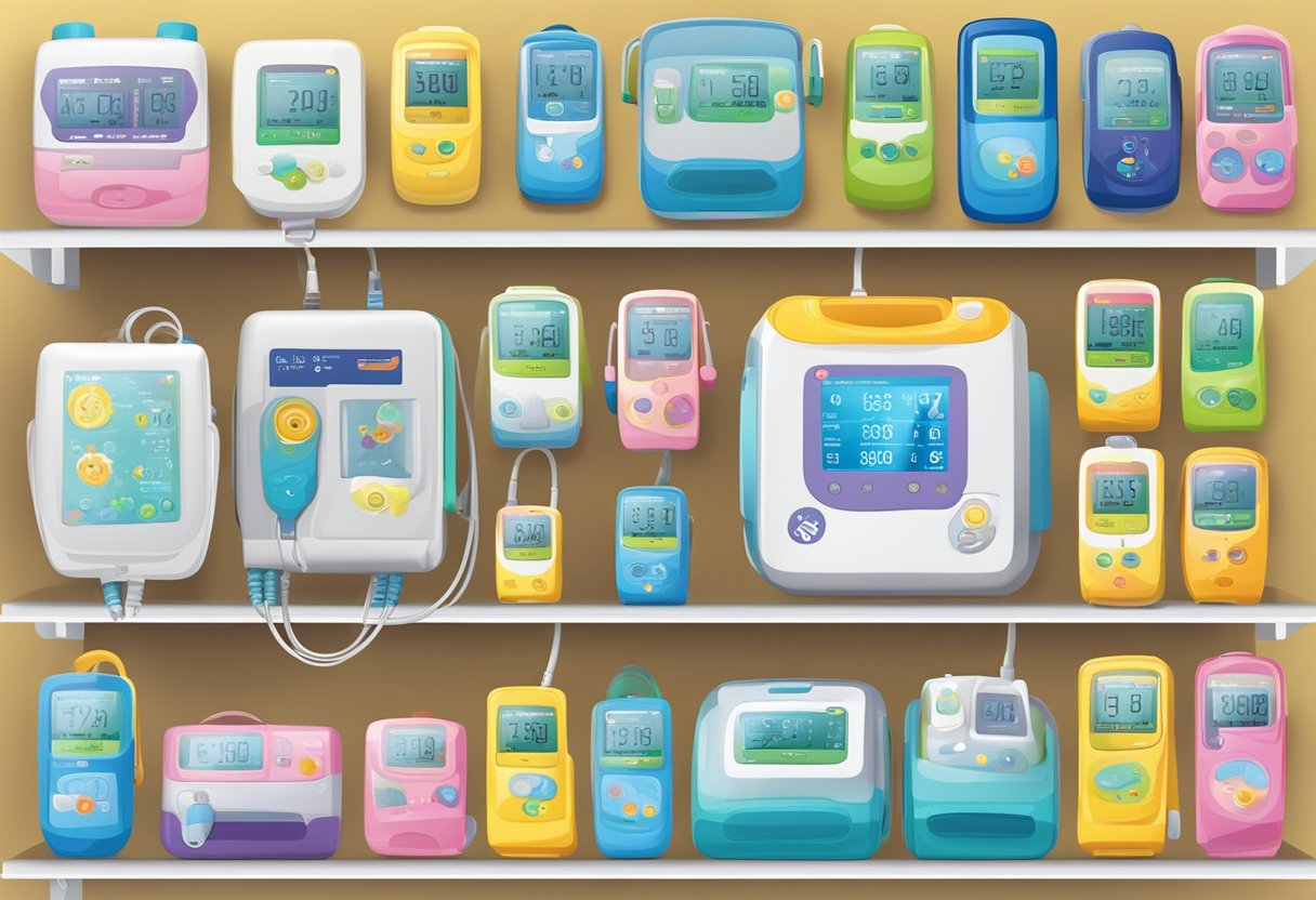 A colorful array of pediatric oximeters displayed on a shelf, with various sizes and designs suitable for children