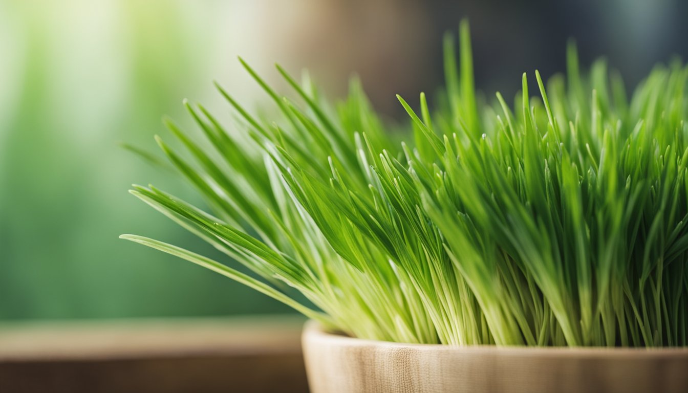 Fresh wheatgrass blades, vibrant green and delicate, fill the frame in a detailed macro shot