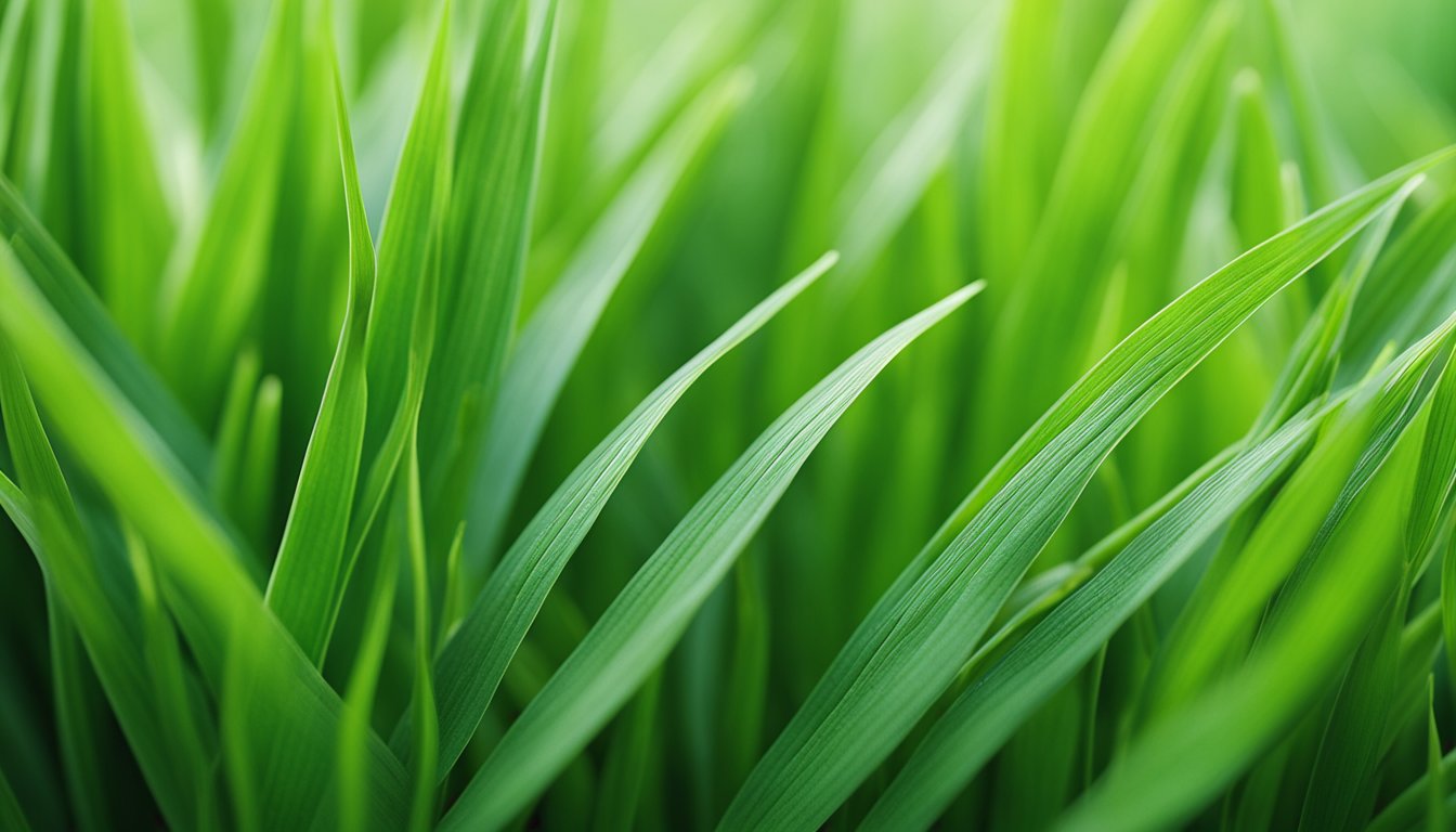 Fresh wheatgrass blades, vibrant green and delicate, fill the frame in a detailed macro shot