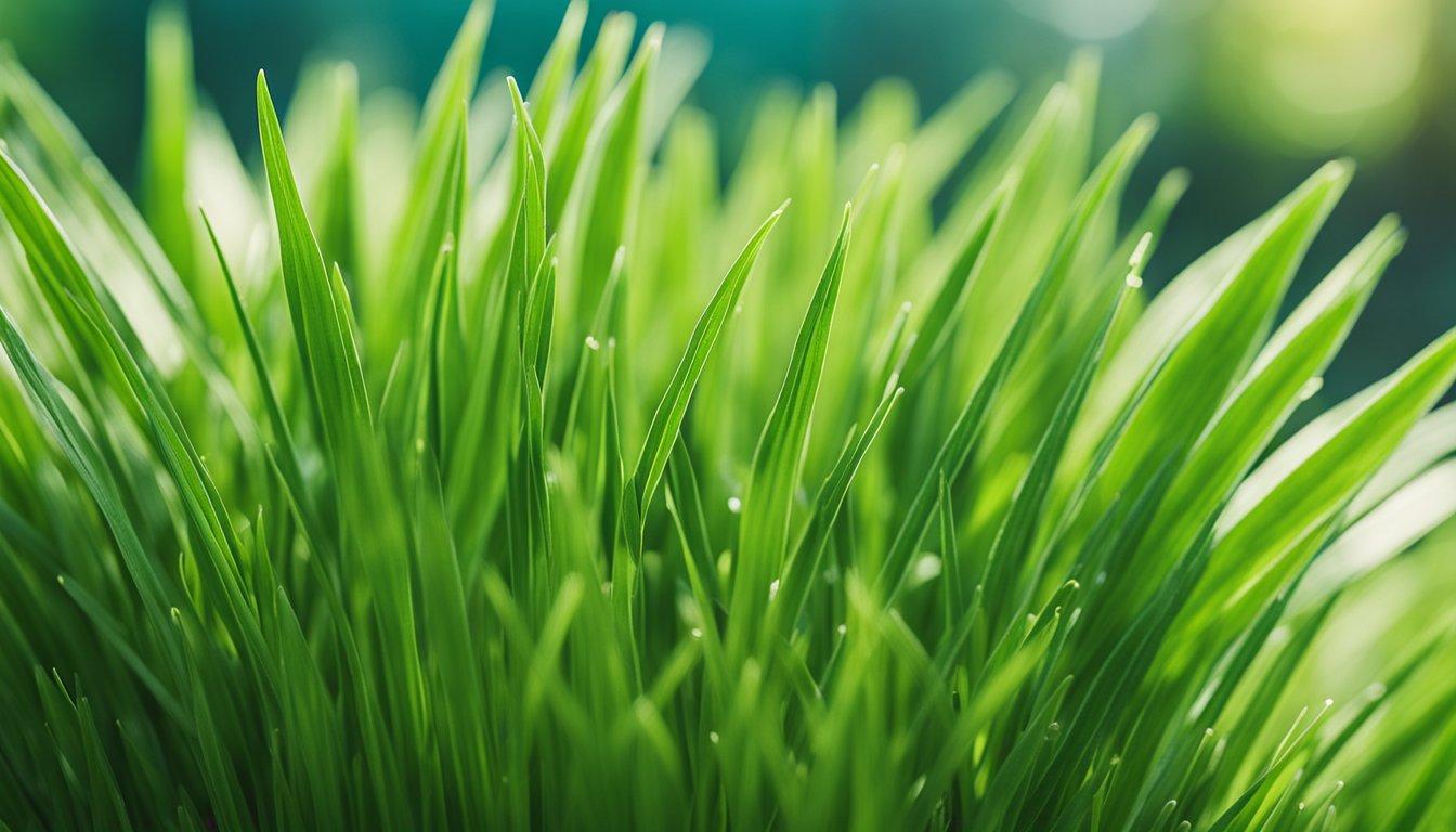 Fresh wheatgrass blades, vibrant green with delicate texture, fill the frame in a detailed macro shot