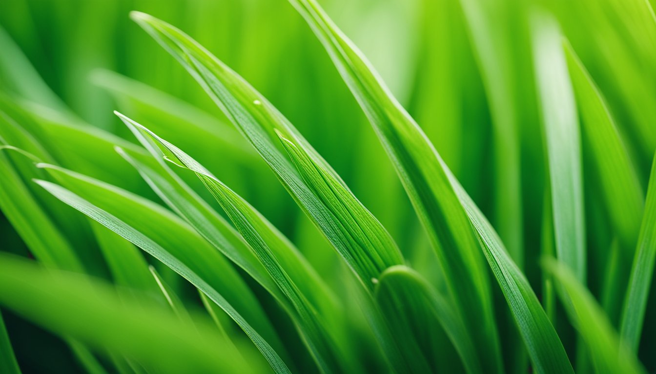 Fresh wheatgrass blades, vibrant green and delicate, fill the frame in a detailed macro shot