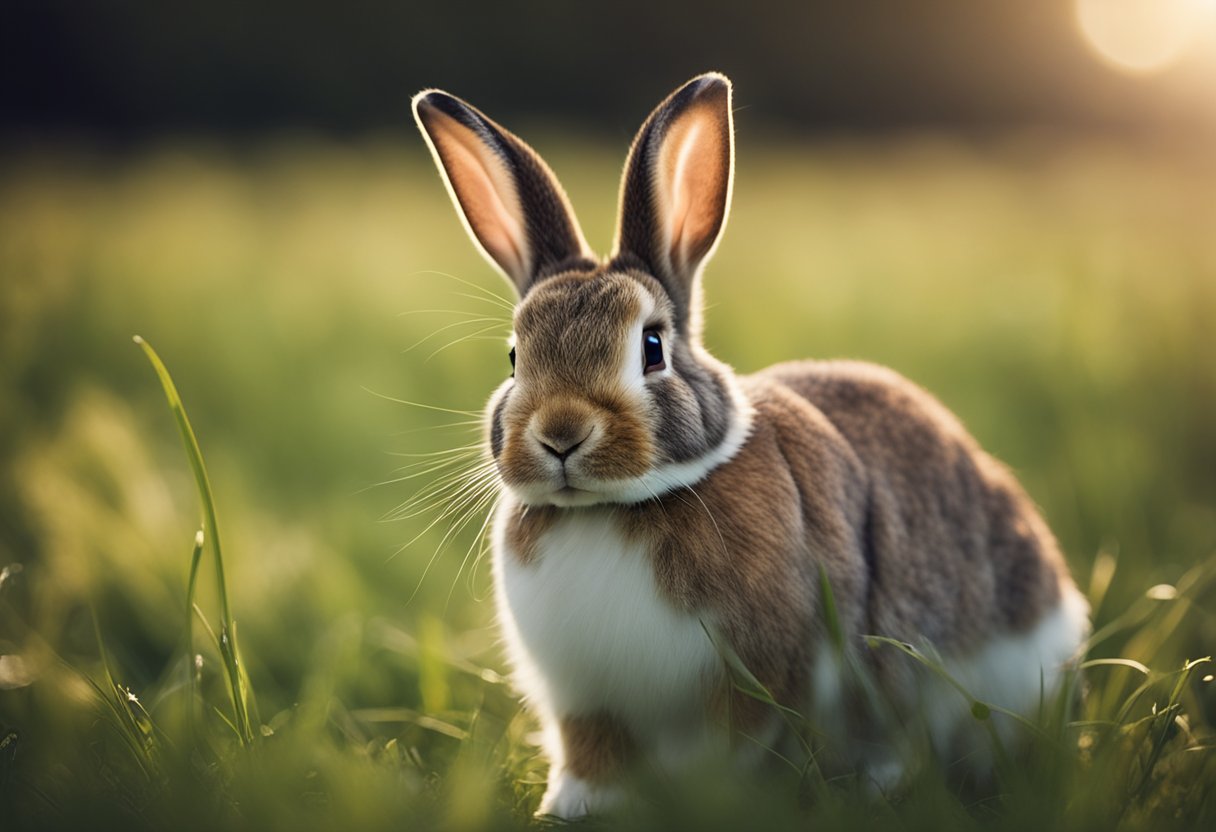 A rabbit sits in a field, ears perked up, looking over its shoulder