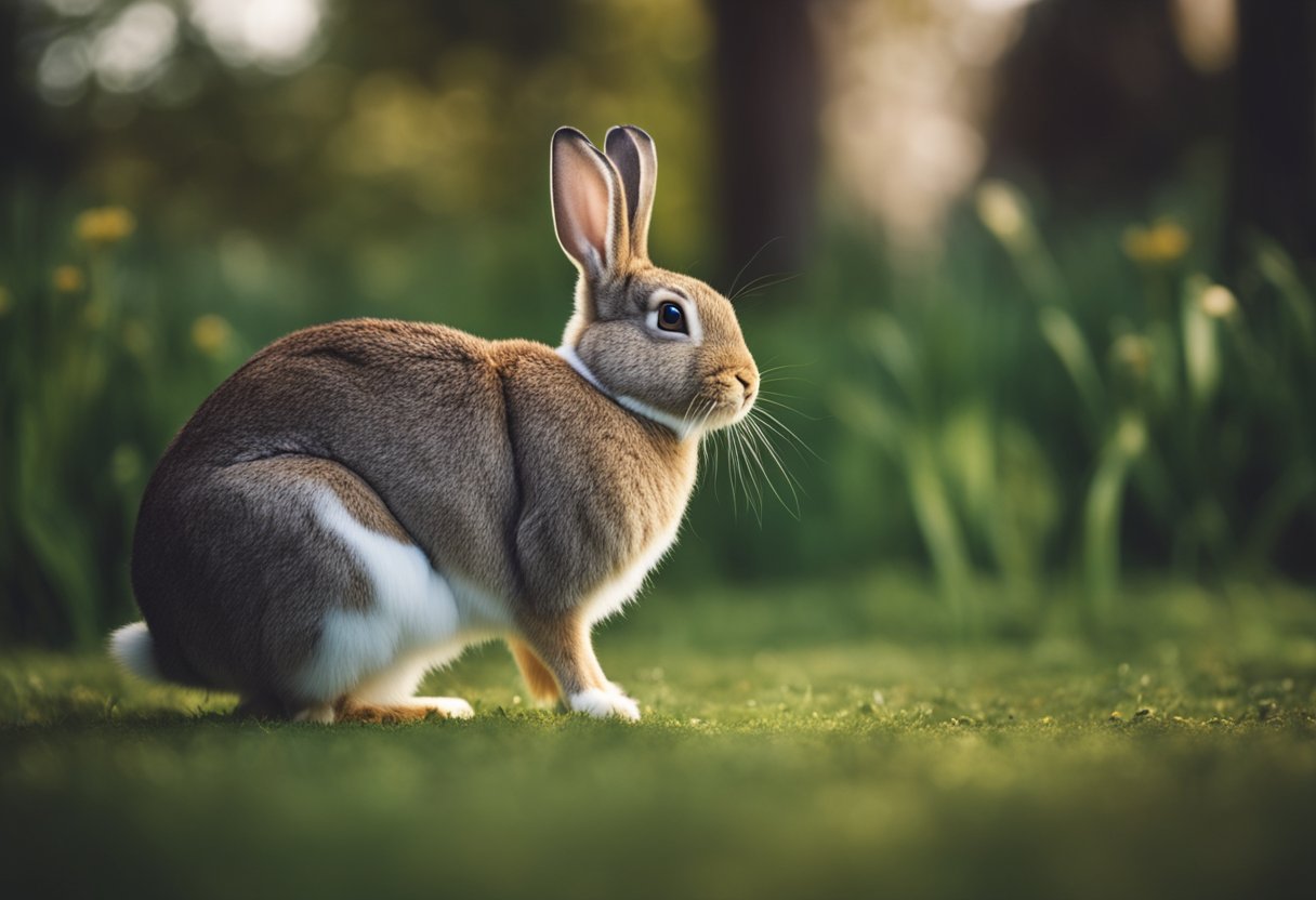 A rabbit with large eyes looks over its shoulder, scanning the area behind it