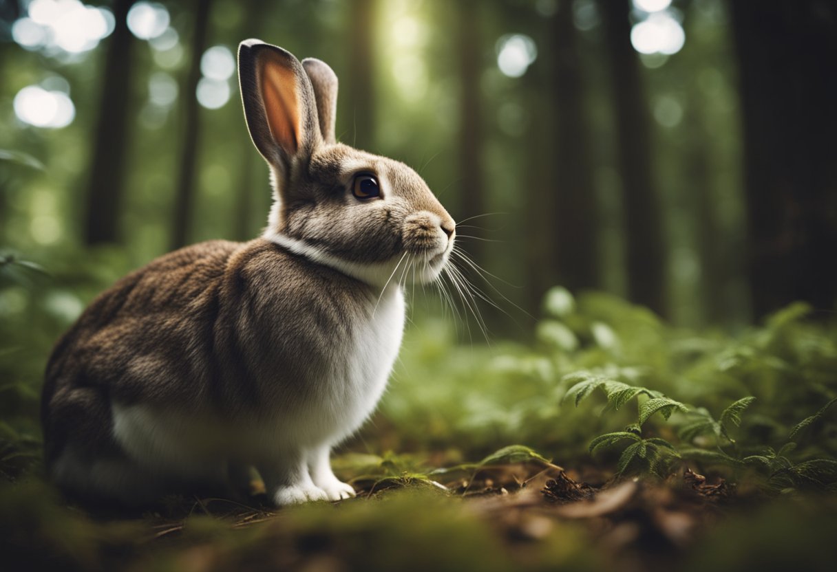 A rabbit with large eyes looks over its shoulder, scanning for predators in a dense forest