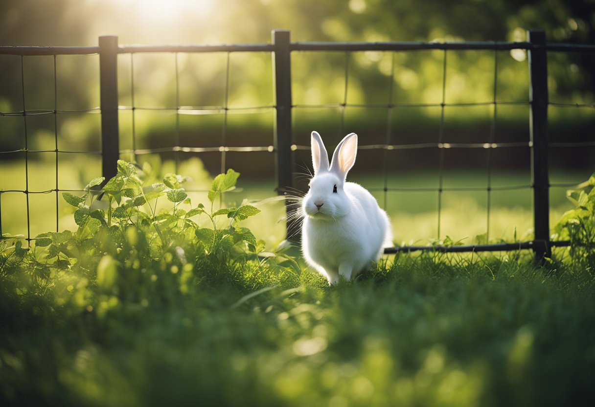 A rabbit hops through a gap in a fence, disappearing into a lush, green meadow