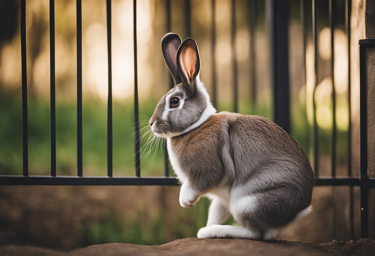 A rabbit hopping through an open gate, pausing to look back before disappearing into the distance