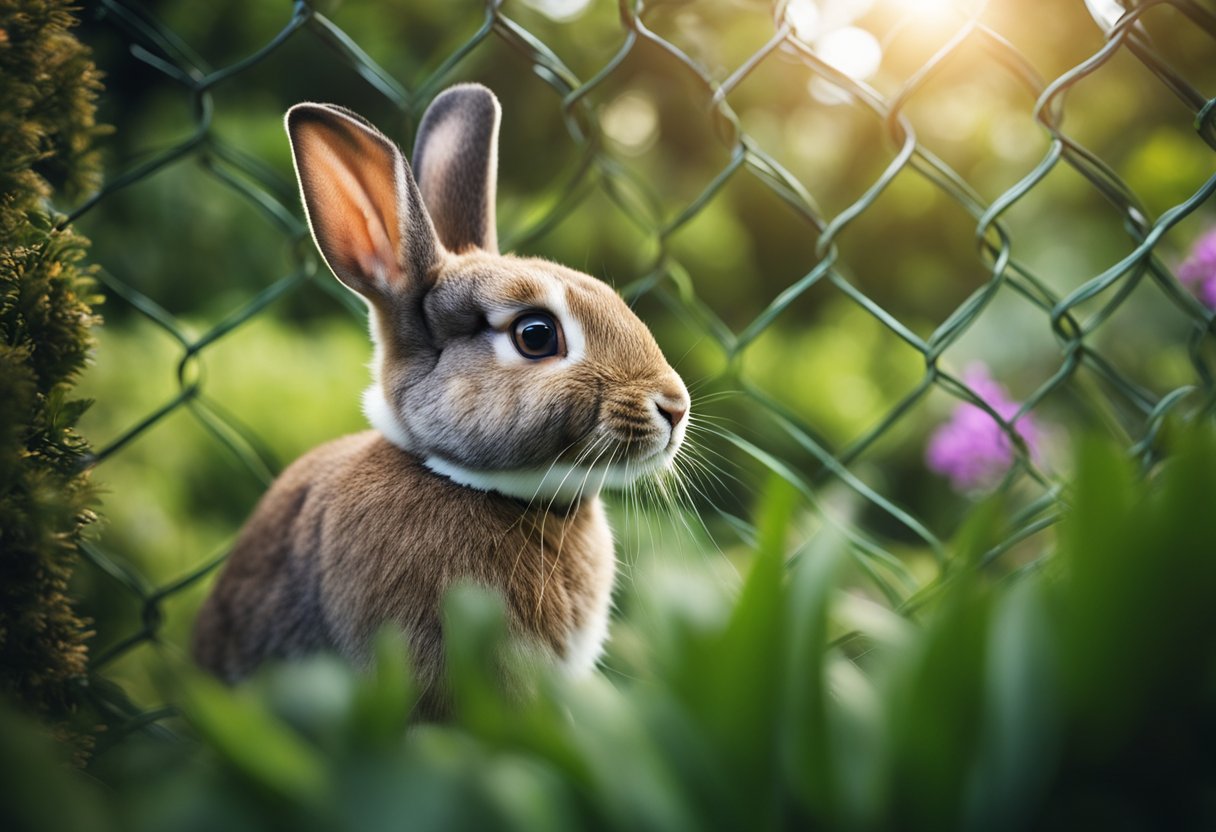 A rabbit-proof fence surrounds a lush garden. A rabbit peers through a small gap, contemplating escape