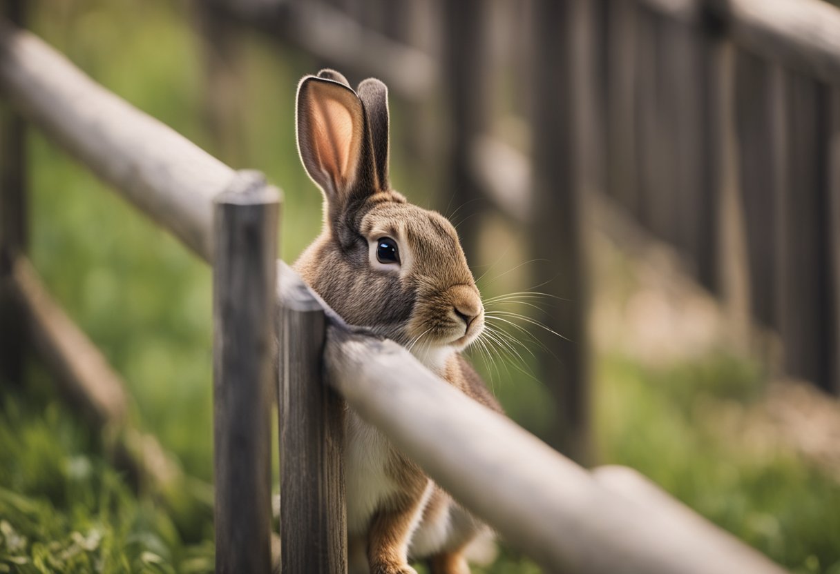 A rabbit hopping through a gap in a fence, looking back with a curious expression