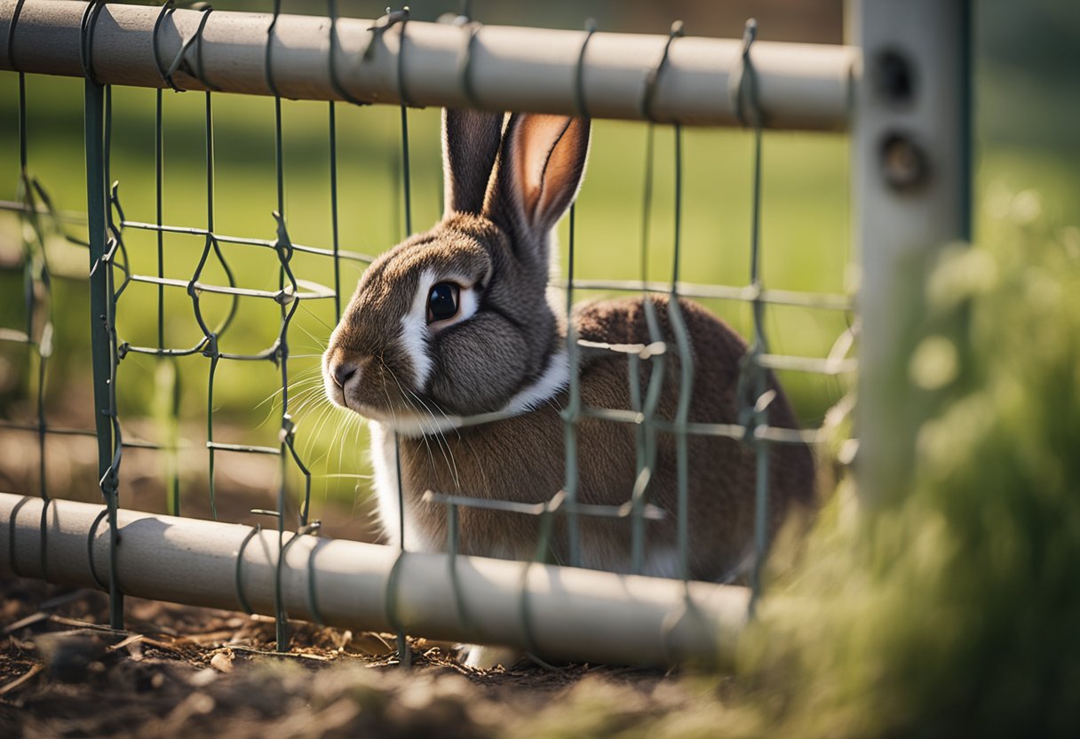 A rabbit slipping through a hole in a fence, with a worried owner in the background